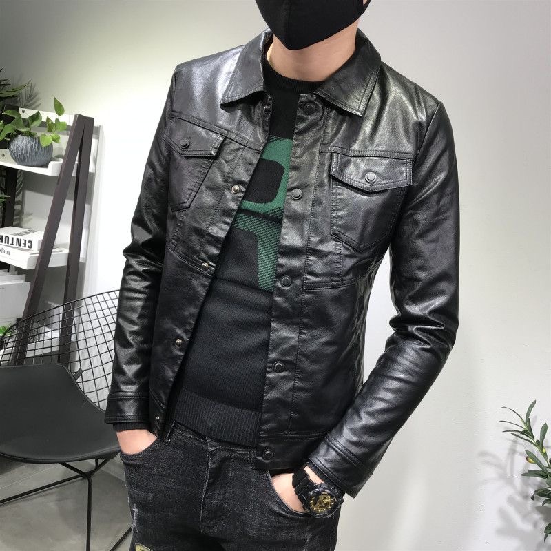 皮衣男士翻领秋季新款潮牌高档百搭短款皮夹克痞帅休闲青年皮外套