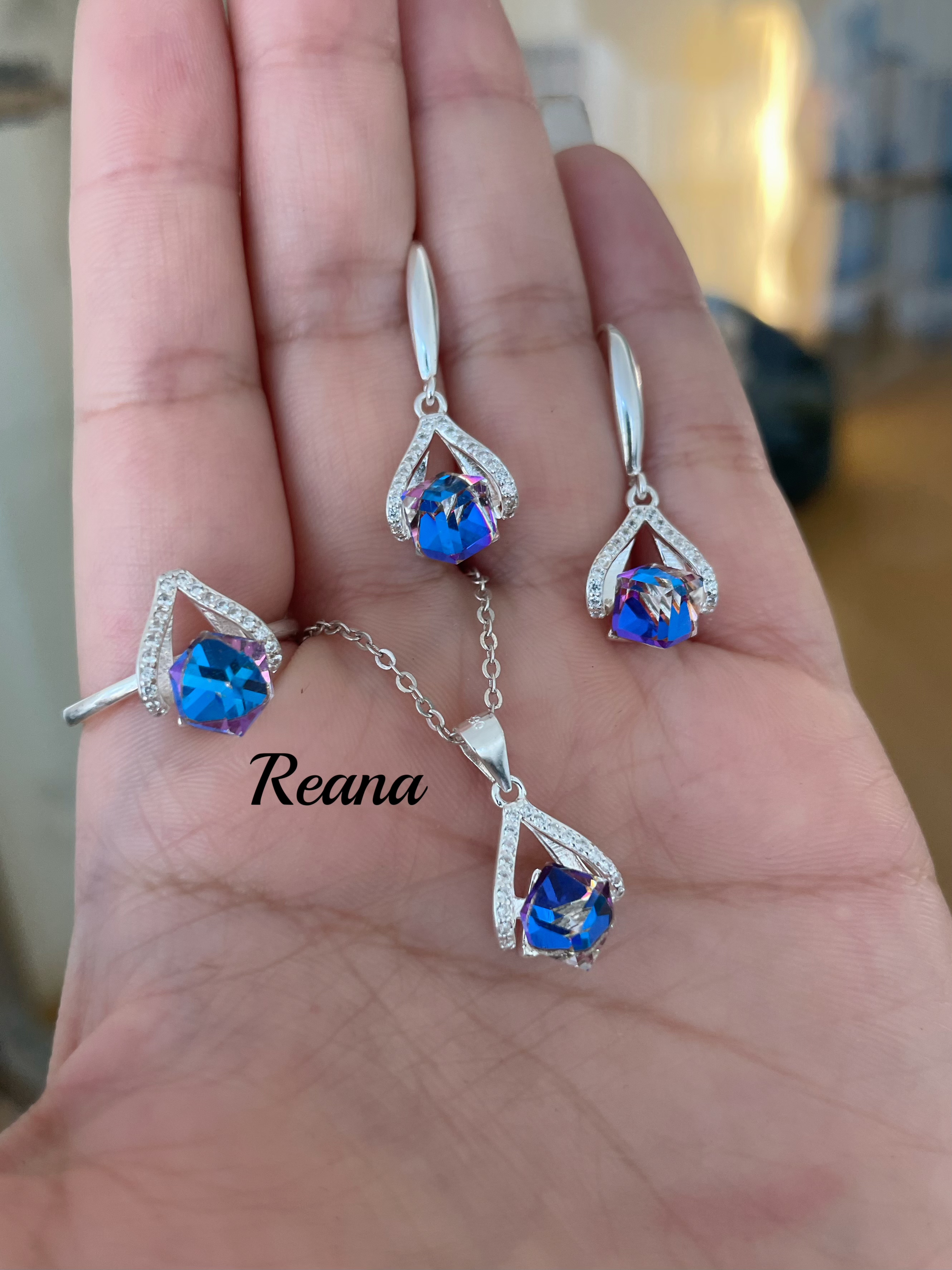 足银耳饰 蕊娜纯银耳环戒指吊坠三件套