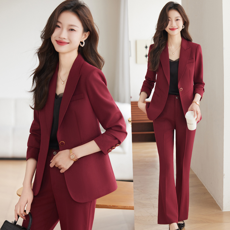 酒红色西装外套女春秋冬新款正装修身气质高级感韩版西服套装显瘦