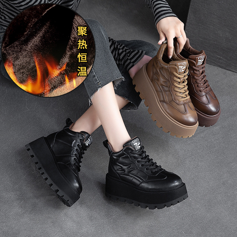 2023新款冬季新款厚底加绒保暖高帮单鞋前系带复古风擦色休闲女鞋
