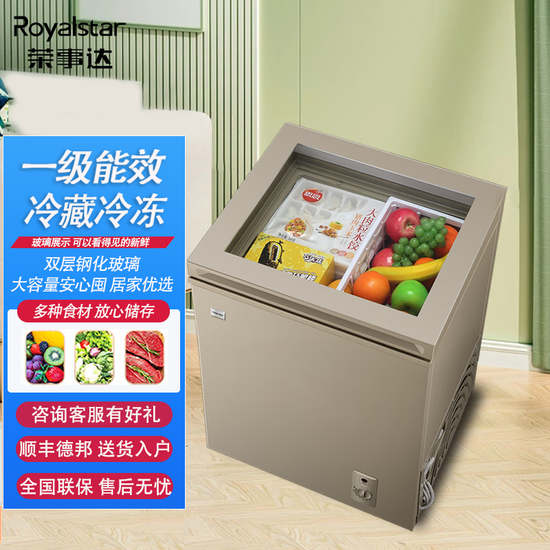 荣事达冰柜家用小型雪糕柜玻璃门保鲜冷冻展示柜迷你冷藏绿豆沙柜