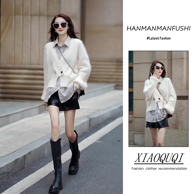 入秋季流行穿搭一整套新款2024港风氛围感软糯毛衣衬衫短裤三件套