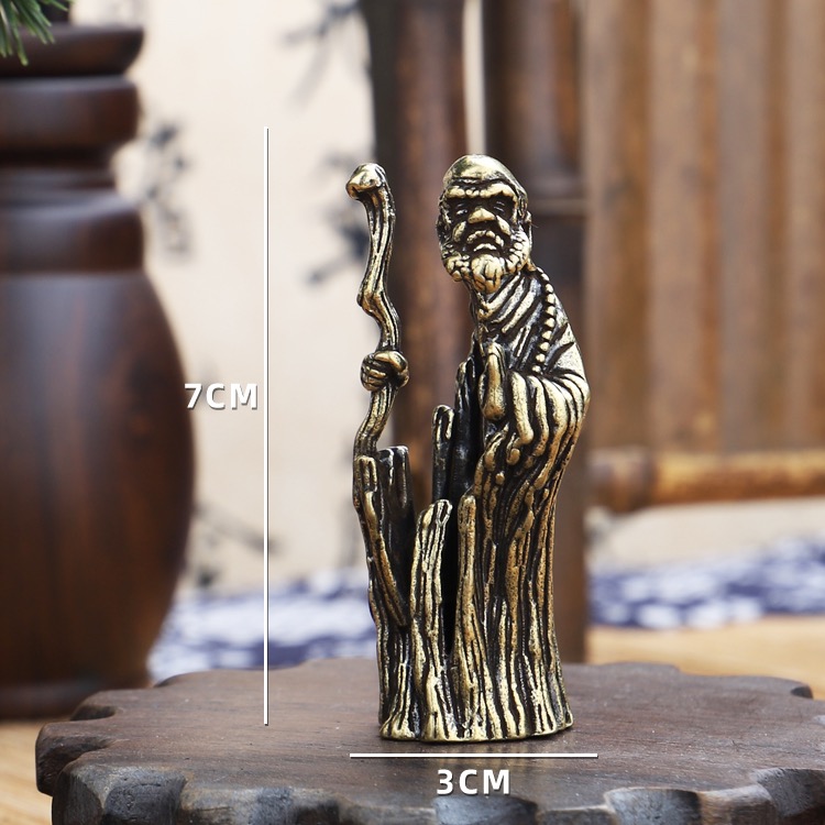 实心纯黄铜办公桌面小摆件达摩祖师茶饰品纯铜创意复古手把玩件