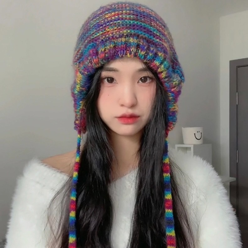 小众款！民族风毛线针织彩虹帽春秋护耳帽网红时尚编织防风百搭