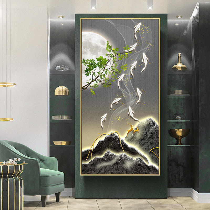 晶瓷年年有余抽象三联画客厅装饰画沙发背景墙壁画简约