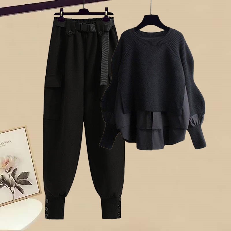 秋季穿搭一整套女2025新款高级感假两件上衣显瘦工装裤休闲两件套