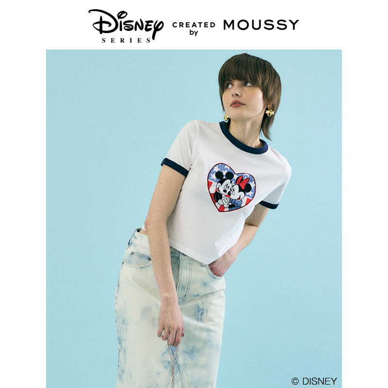 MOUSSY夏季新品迪士尼联名米奇米妮正肩撞边T恤010HSQ90-0250