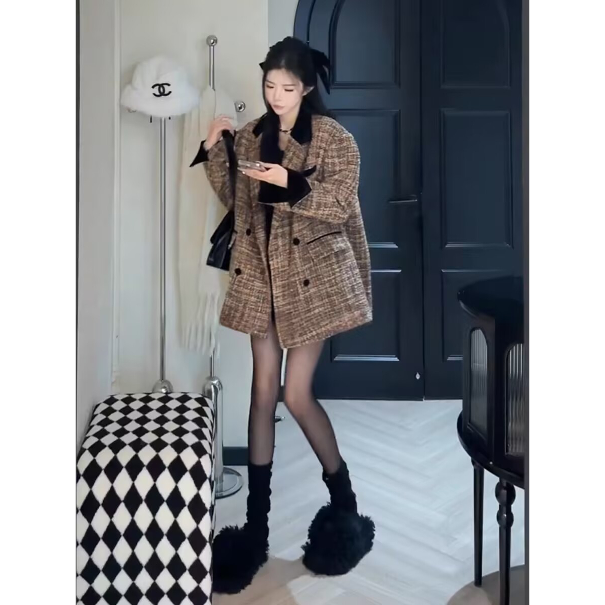 高级感复古小香风翻领西装外套女秋冬加厚韩系气质宽松中长款上衣