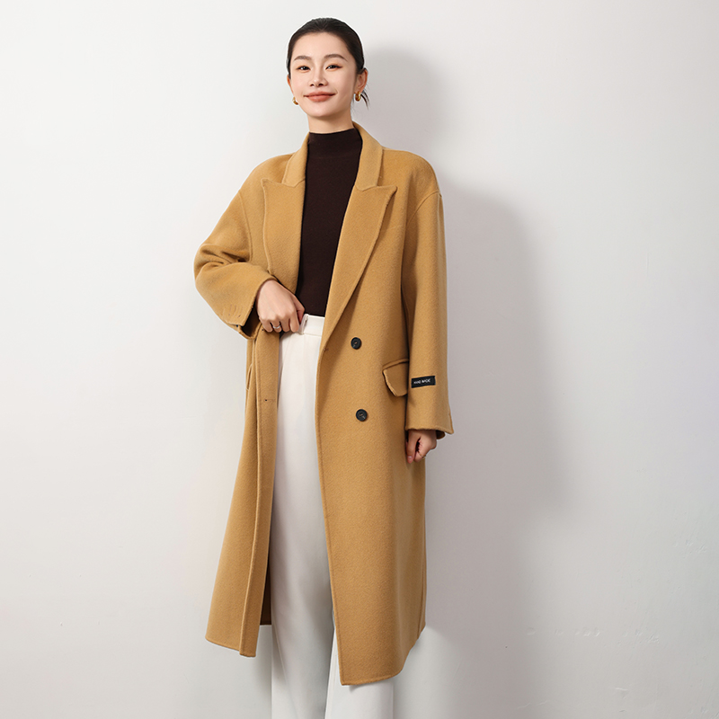 秋冬新款西装领100%羊毛双面呢大衣女中长款修身瘦腰气质毛呢外套