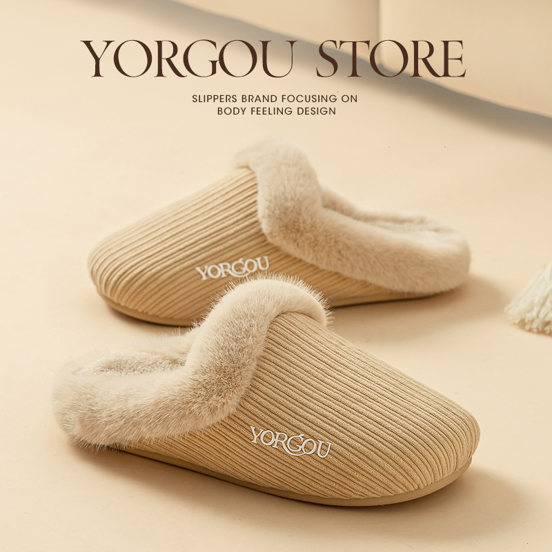 远港灯芯绒棉拖鞋女士秋冬季家用室内防滑加绒保暖毛毛拖男士冬天