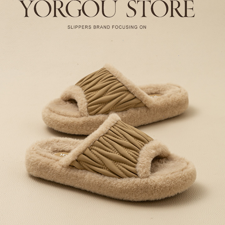 远港艾草棉拖鞋新款开口毛毛美拉德居家室内办公室宿舍保暖防滑拖