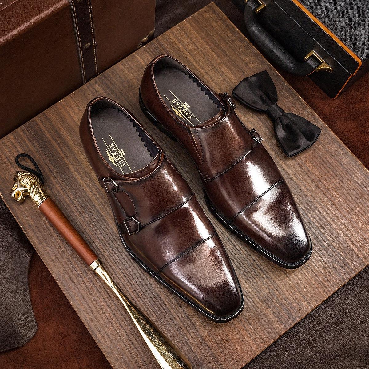 意大利商务孟克鞋男真皮英伦正装皮鞋男搭扣僧侣鞋方头新郎结婚鞋