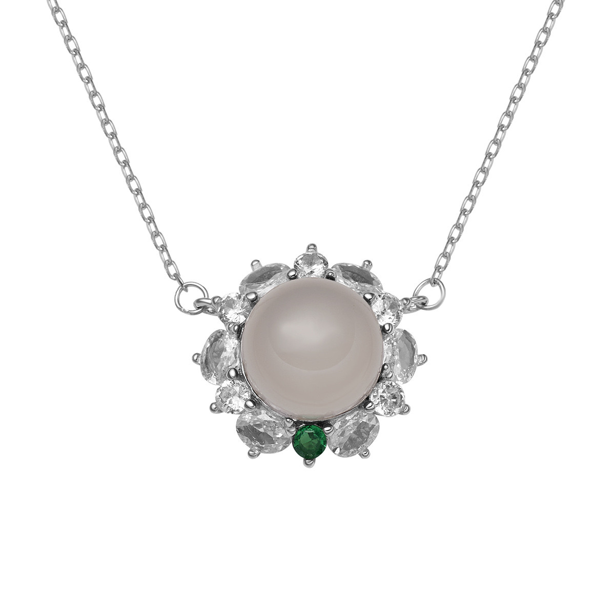 坠链均925银 太阳花花瓣镶钻白绿装饰项链女款银饰百搭