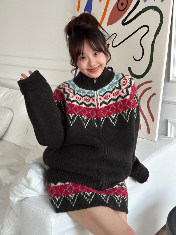 秋冬费尔岛复古氛围感开衫毛衣上衣+半裙裙裤过年大红毛衣