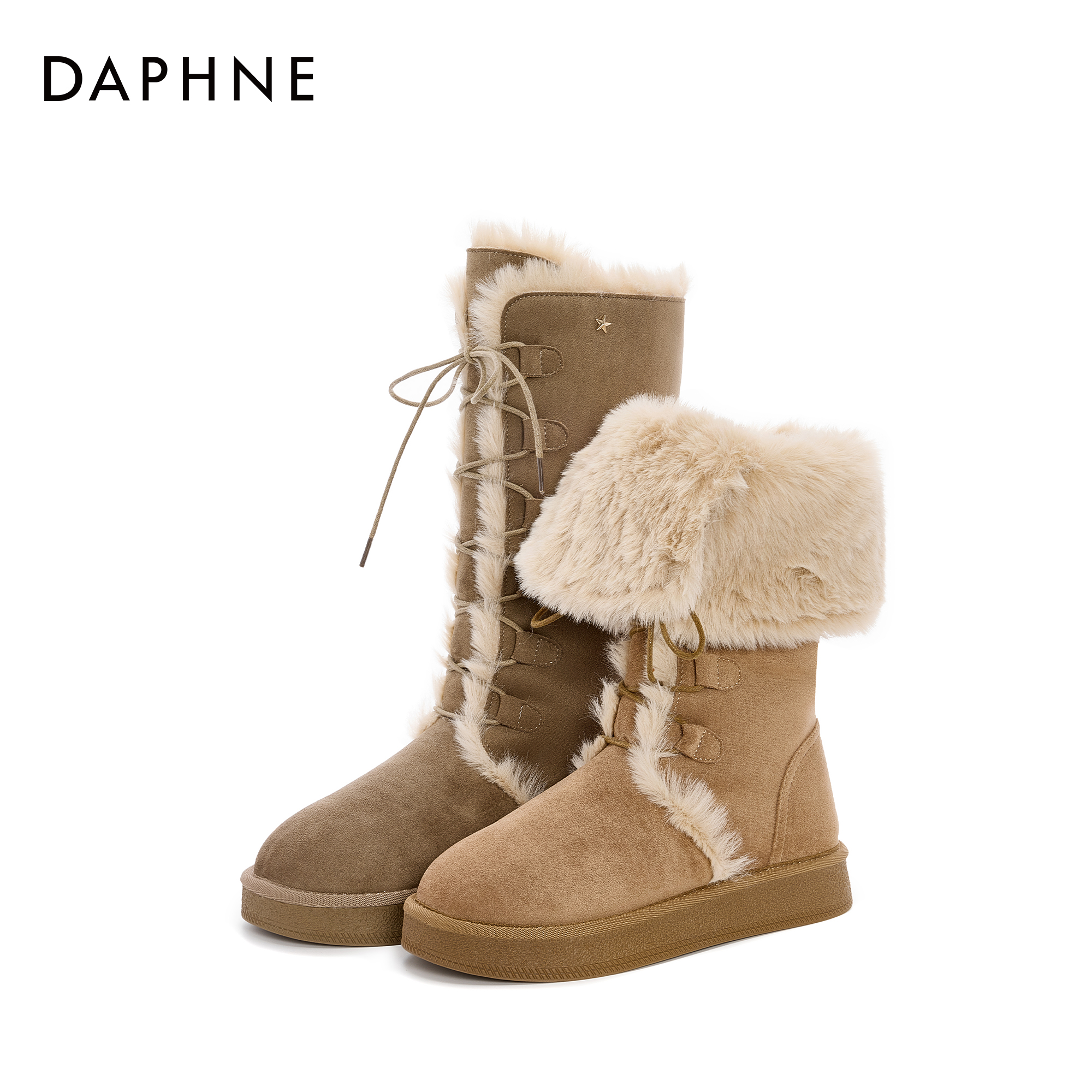 【达芙妮】冬季两穿长筒靴时尚加绒加厚保暖长筒靴系带马丁雪地靴