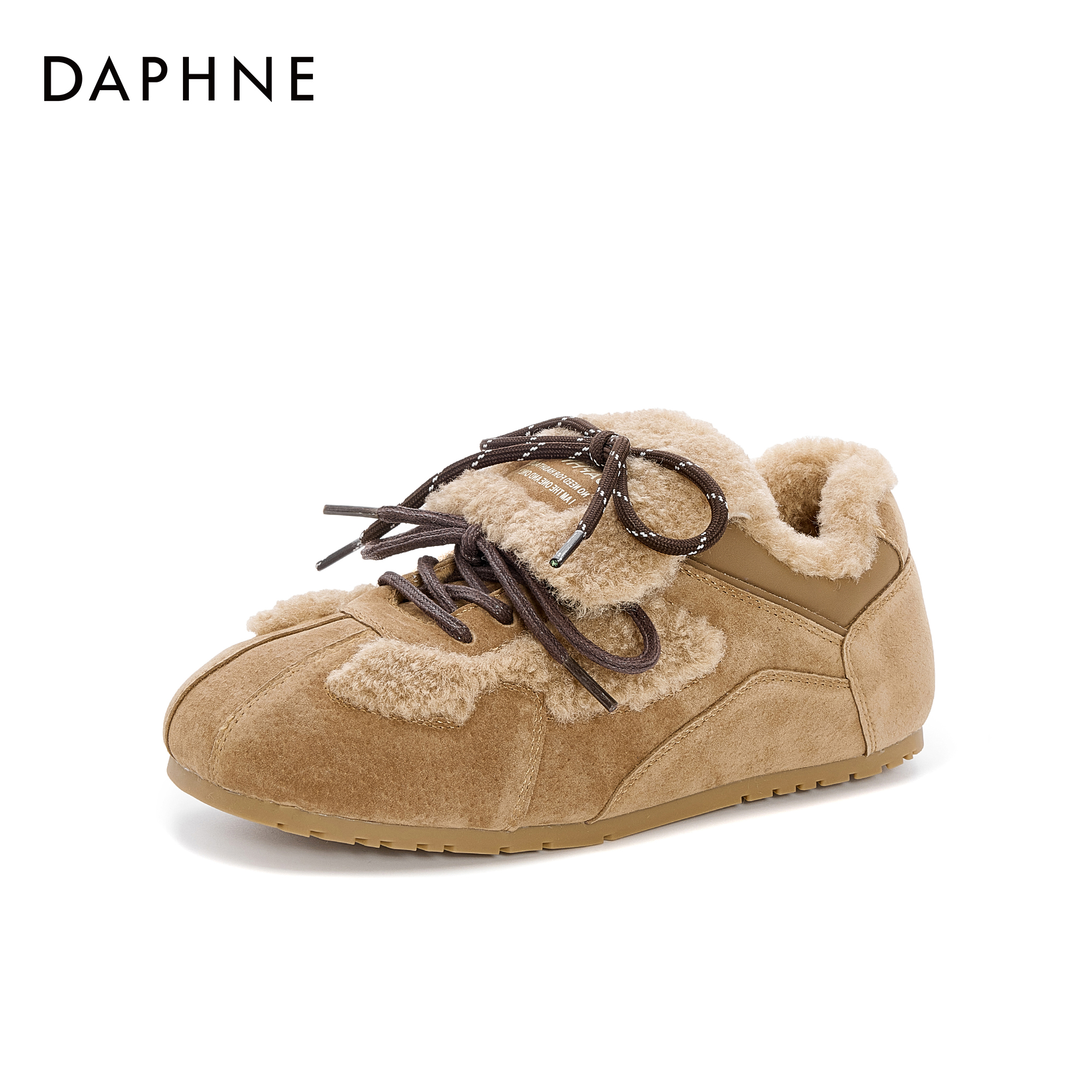 达芙妮休闲百搭平底舒适女鞋时尚翻盖加绒加厚保暖简约系带棉鞋