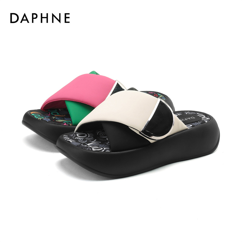 Daphne/达芙妮网红松糕厚底一字拖鞋女新款时尚夏季女款百搭凉拖