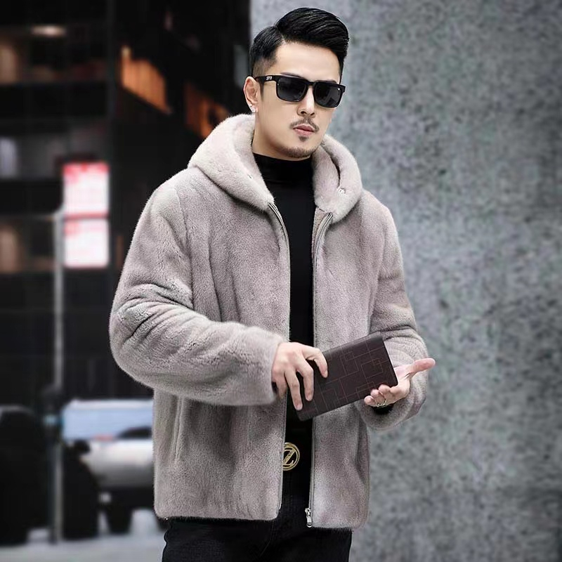 2024冬季貂绒外套男青年潮款灰色皮毛男士貂皮连帽仿水貂皮草夹克