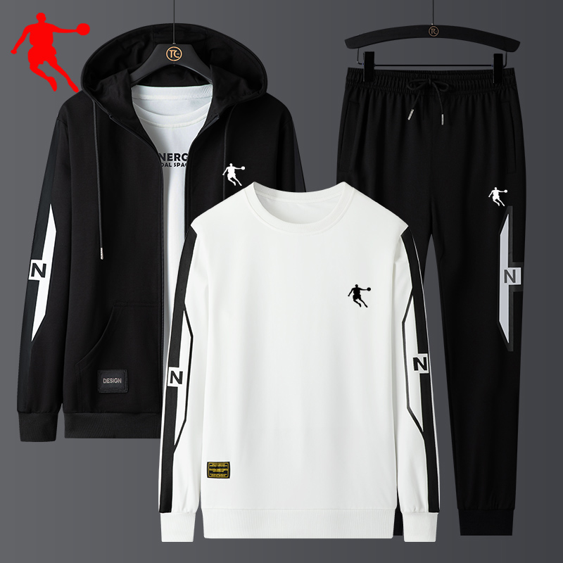 乔丹中国专卖运动服套装男秋冬季加绒加厚外套卫衣一套休闲三件套