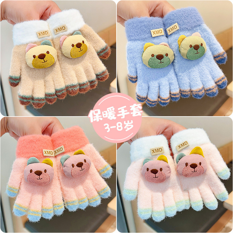 秋冬季儿童手套小孩可爱保暖男童加绒加厚毛线宝宝针织五指套女童