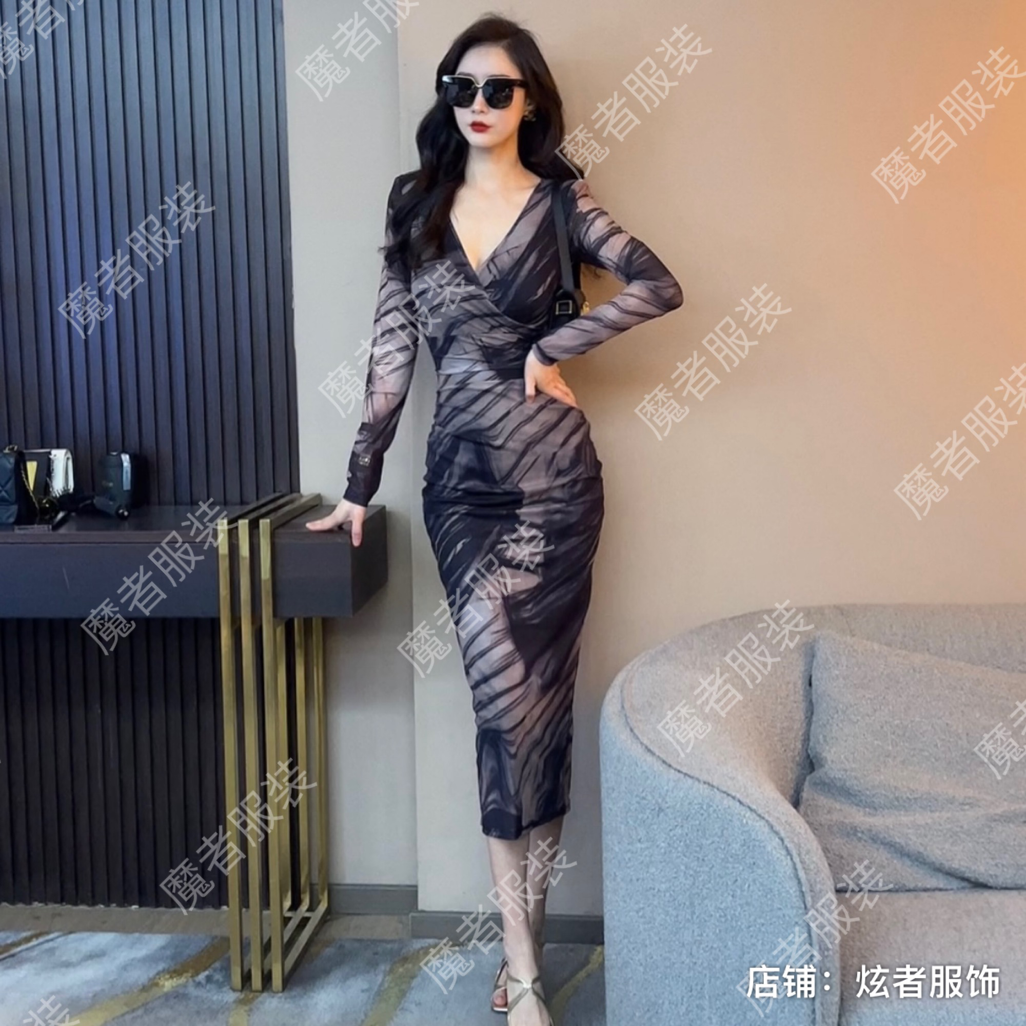 魔者家网纱款【墨染相思】新款时尚性感修身气质显瘦弹力长款连衣裙