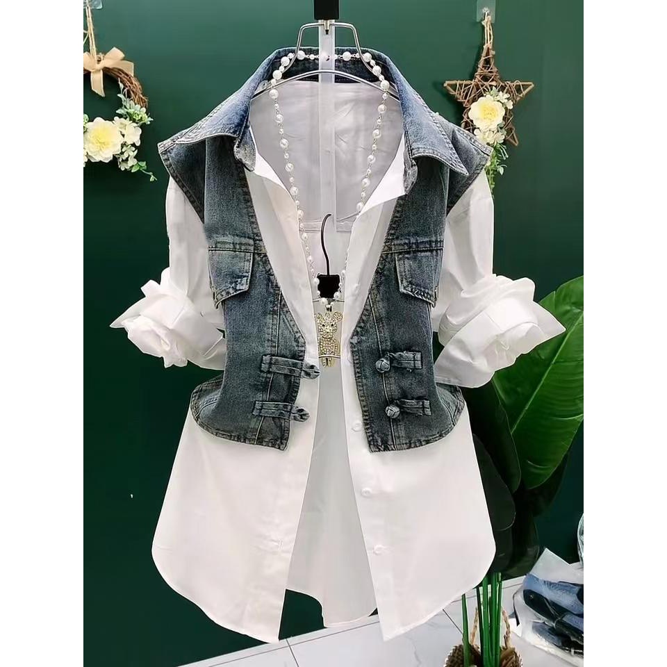 拼接牛仔马甲条纹衬衫假两件2024年春季新款时尚盘扣设计外套