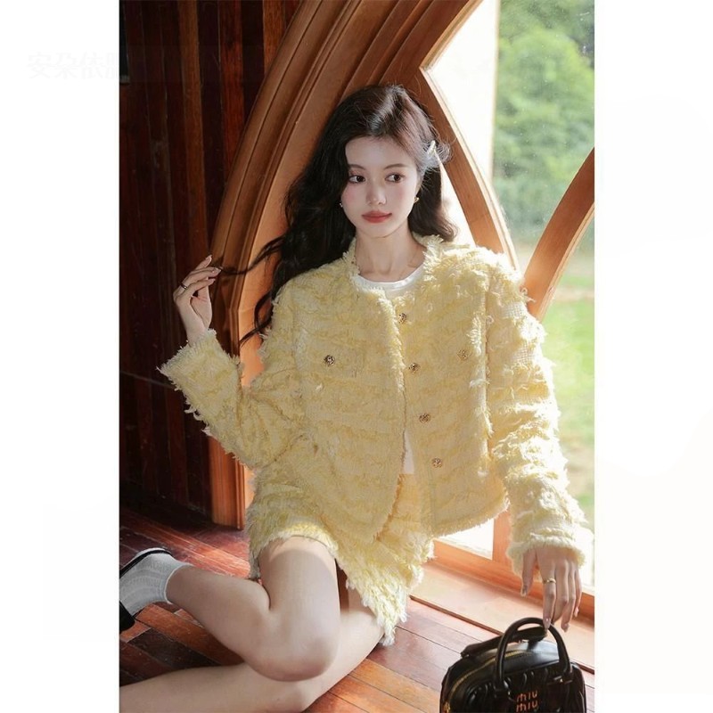 2024小香风套装女秋冬季新款软花呢小香毛须气质外套A字裙两件套