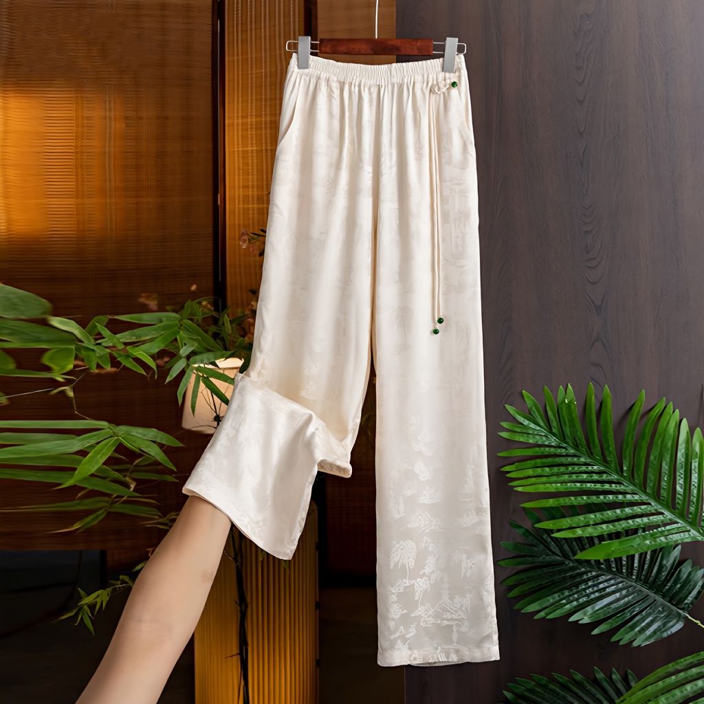 新中式提花阔腿裤高腰盘扣流苏2024新款爆款垂感缎面休闲直筒裤子