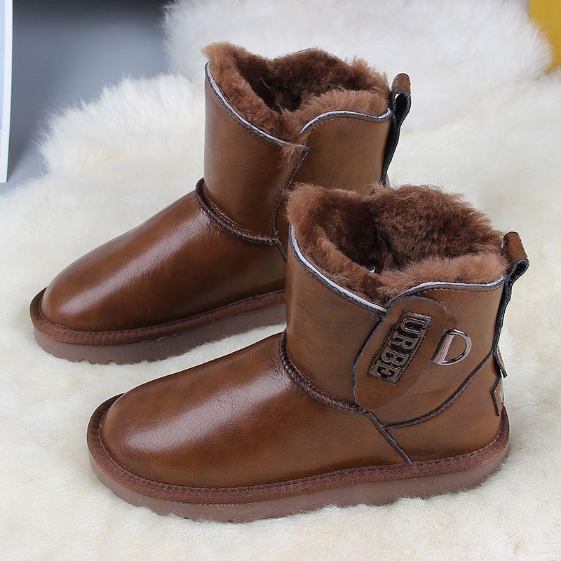 防水皮面雪地靴女2022冬款加绒加厚百搭短筒皮毛一体防滑保暖棉鞋