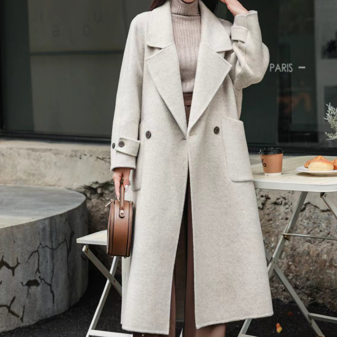双面羊毛宽松版翻领款2024韩系长款高个子时尚版外套女