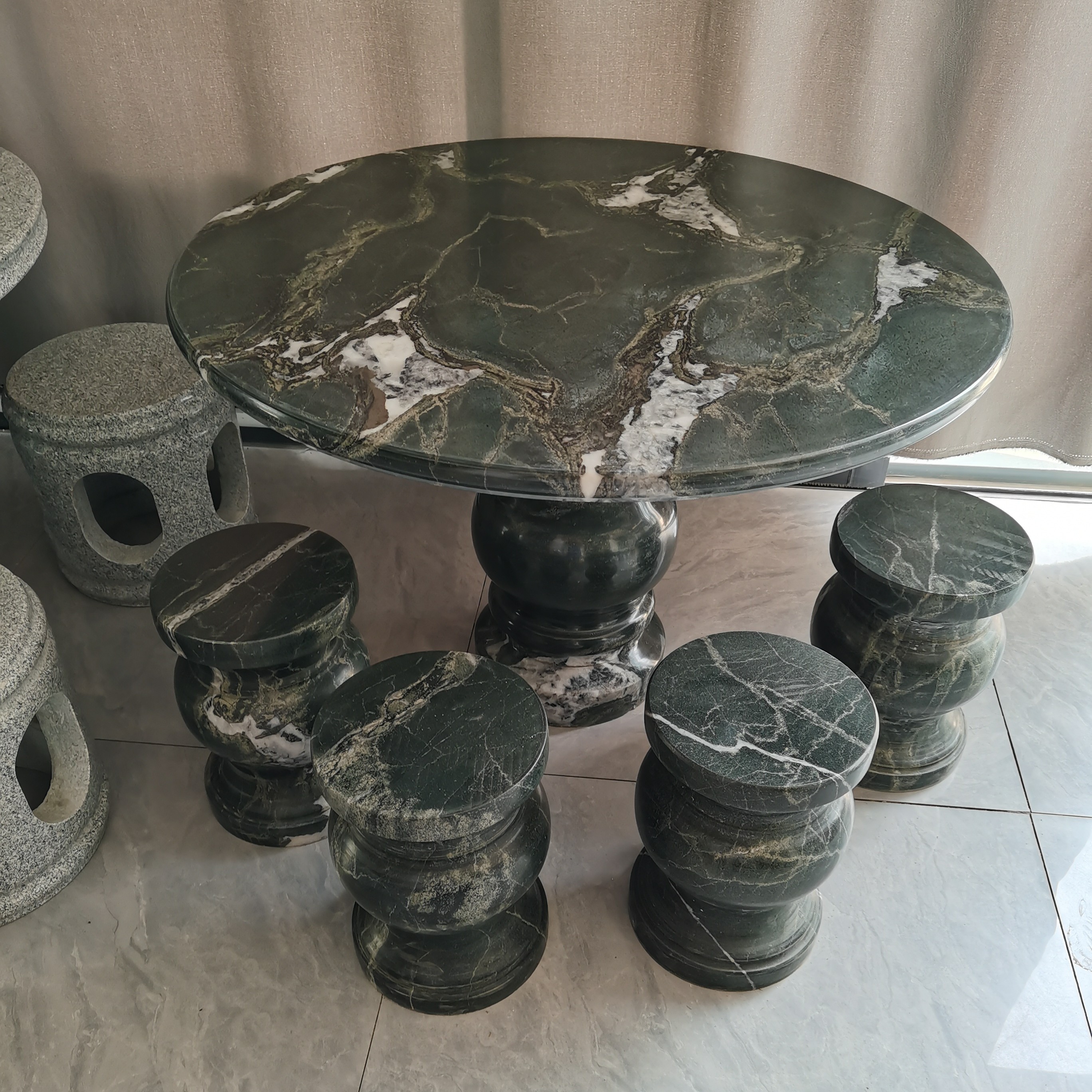 天然大理石花岗岩山河绿石桌户外庭院摆件