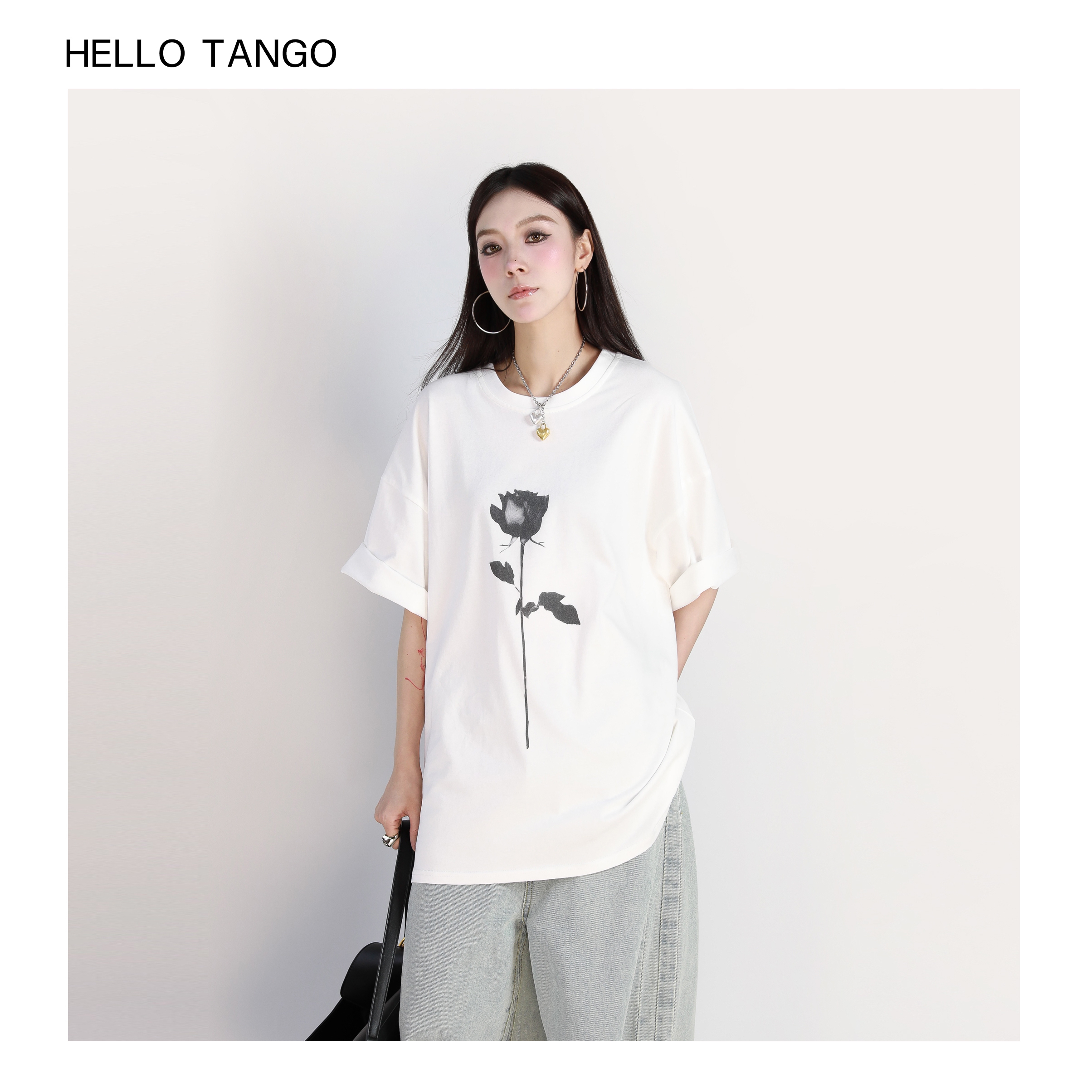 HELLOTANGO《孤寂玫瑰》时尚休闲百搭玫瑰图案喷印宽松T恤54282#