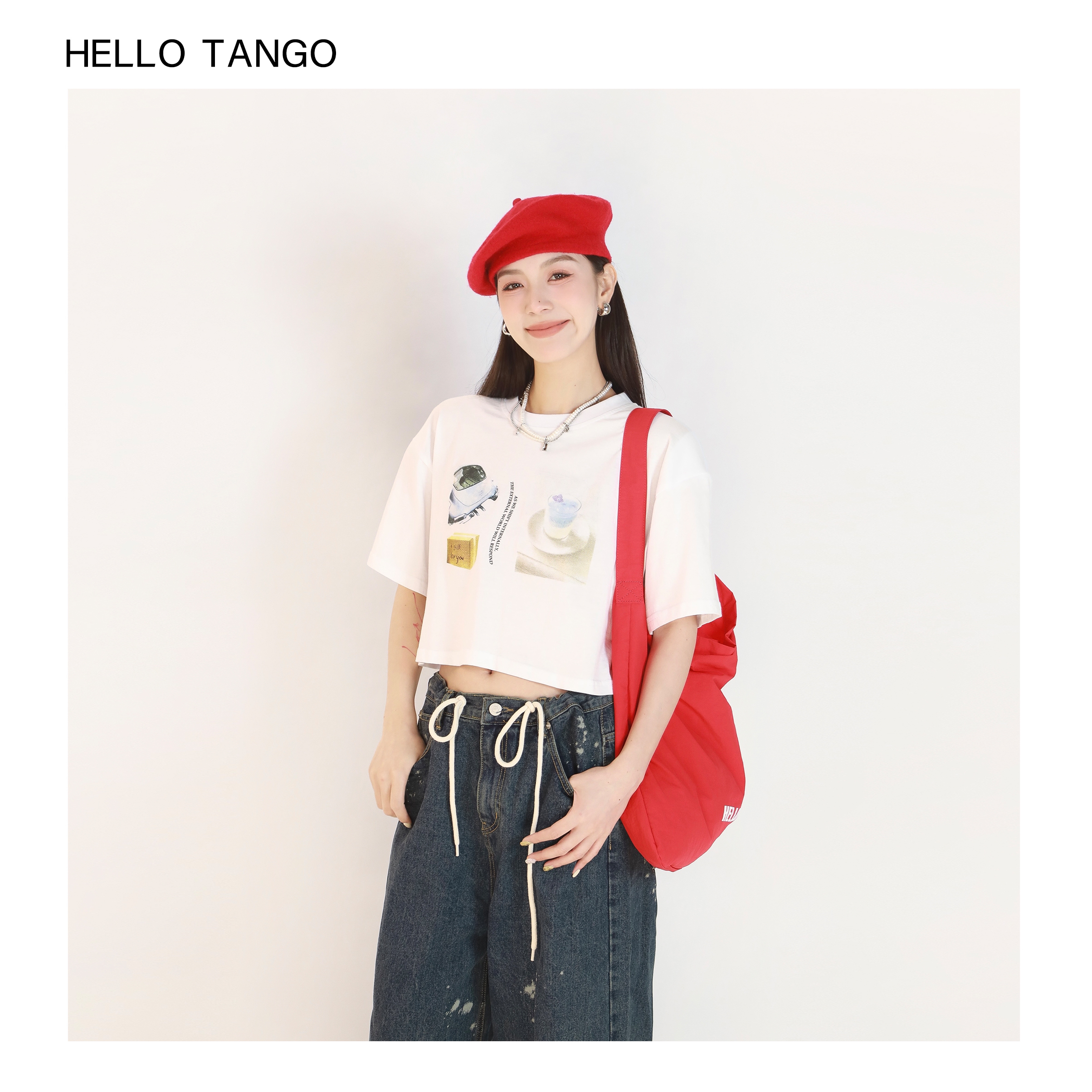 HELLOTANGO《玩转趣味》小众设计趣味图案短款圆领垫脚T恤54277#