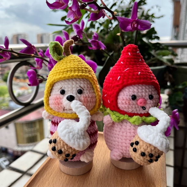 水果动物钩织玩偶挂件摆件手工编织包挂玩具卡通猪猪配钥匙扣底座