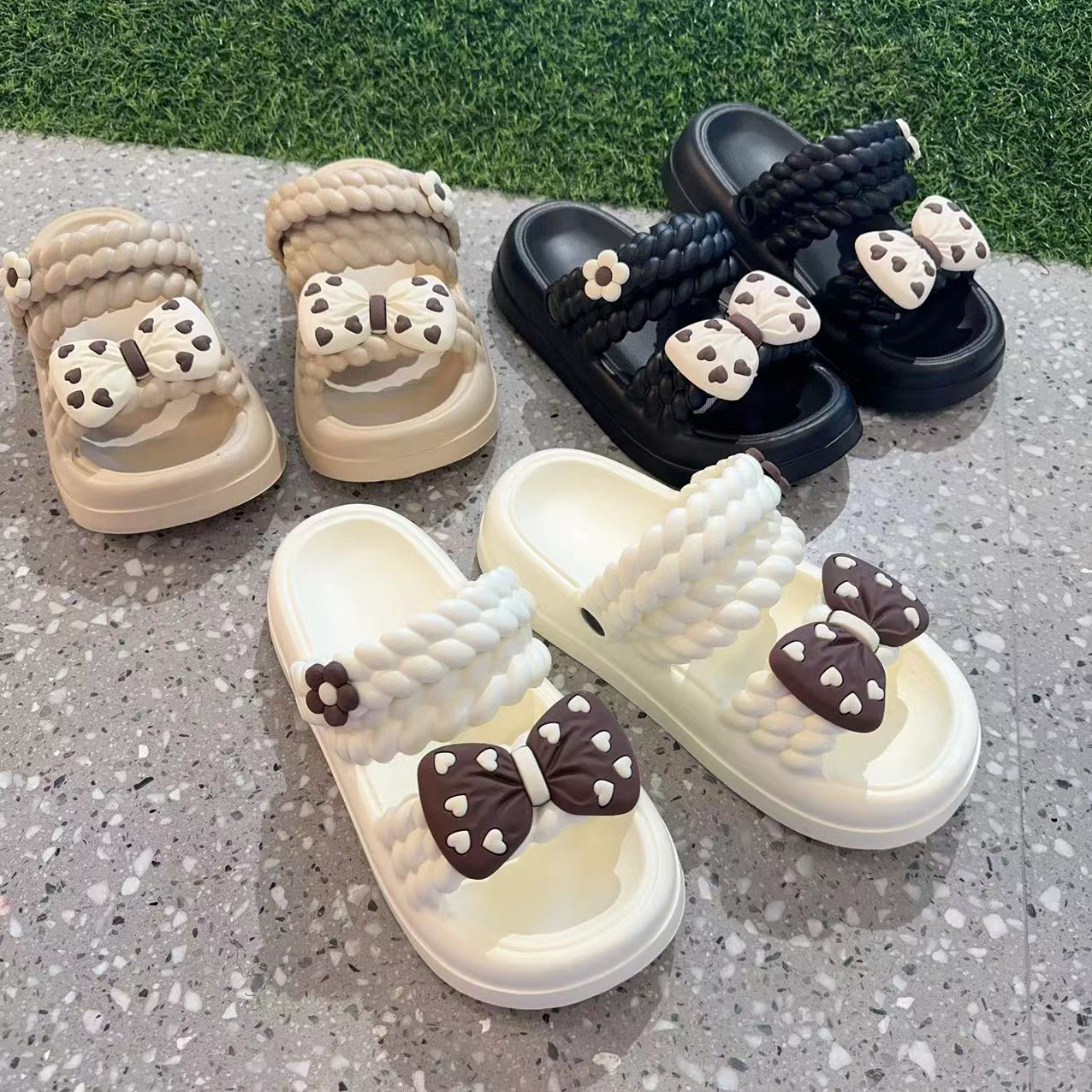 4厘米麻花蝴蝶结EVA厚底凉拖鞋【配饰可拆】