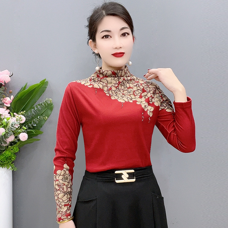 秋冬修身立领小衫时尚半高领长袖打底衫网红洋气百搭印花上衣  