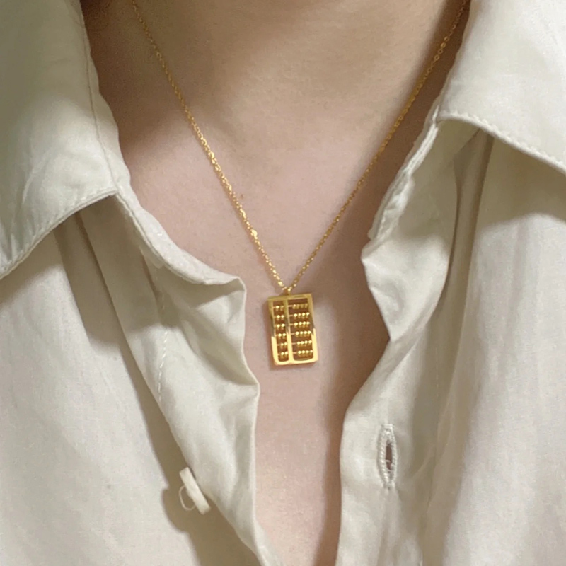 钛钢项链 幸运小圆珠算盘方形项链女小众气质简约设计感锁骨链子