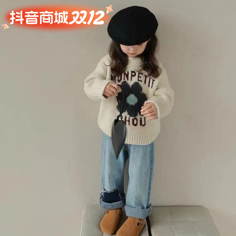 柔软圆领童装女童字母花朵套头毛衣2023秋冬季新款儿童时尚上衣