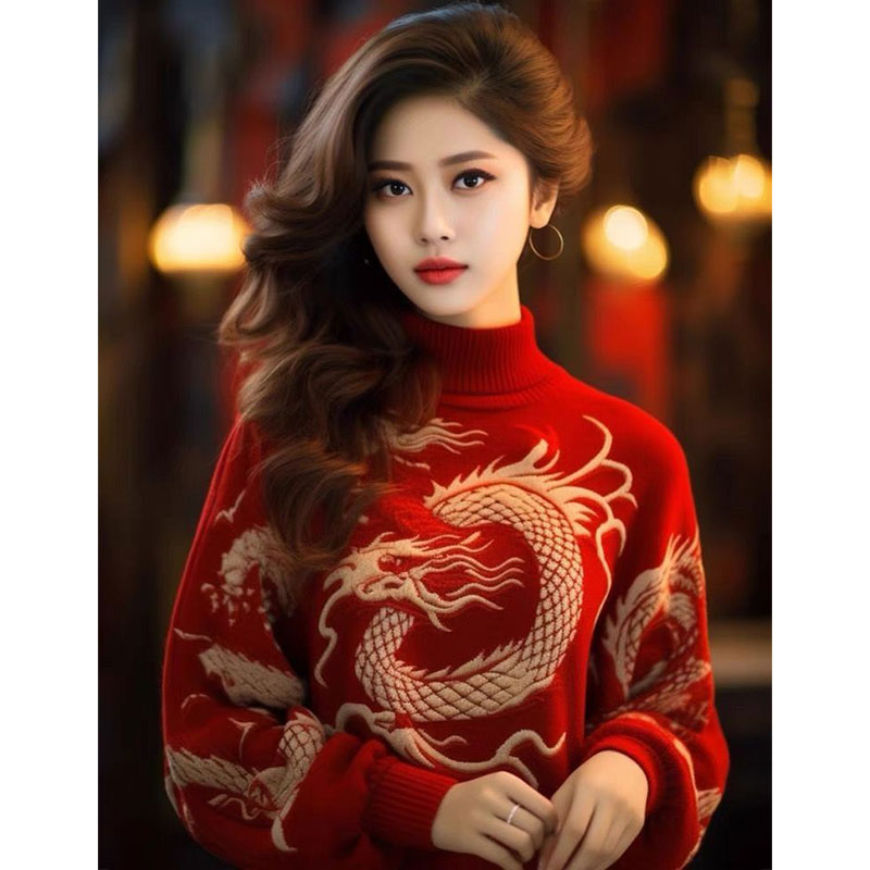 漂亮圣诞穿搭红色新年毛衣女秋冬新款宽松显瘦洋气长袖提花针织衫