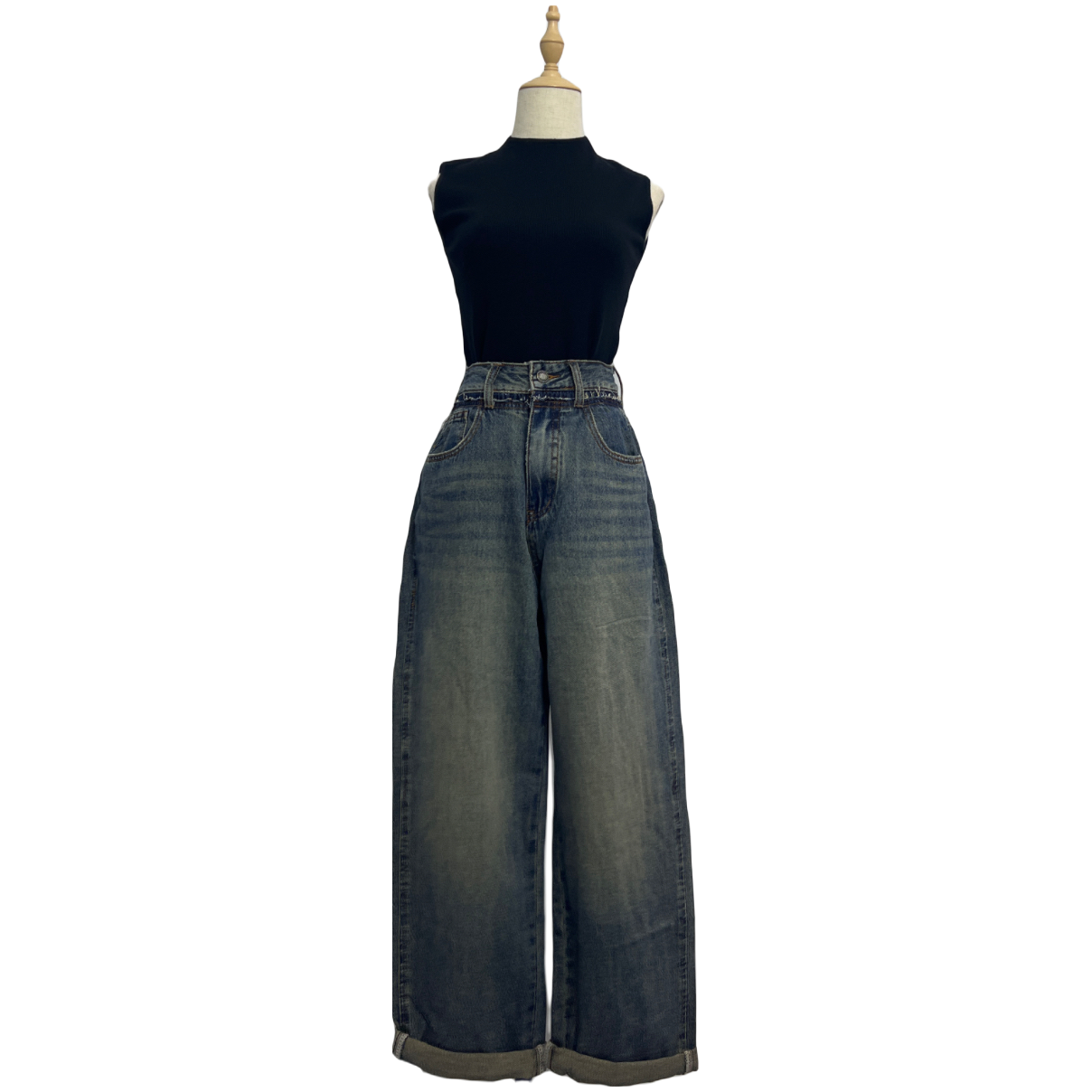 【QINXUAN】设计师款高腰带毛边百搭时尚复古宽松显瘦女士裤子