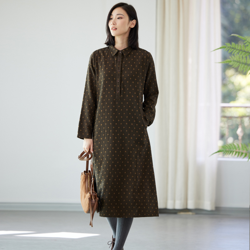 Q.TU原创羊毛莱赛尔可水洗翻领长袖中长裙秋冬新款气质连衣裙3942