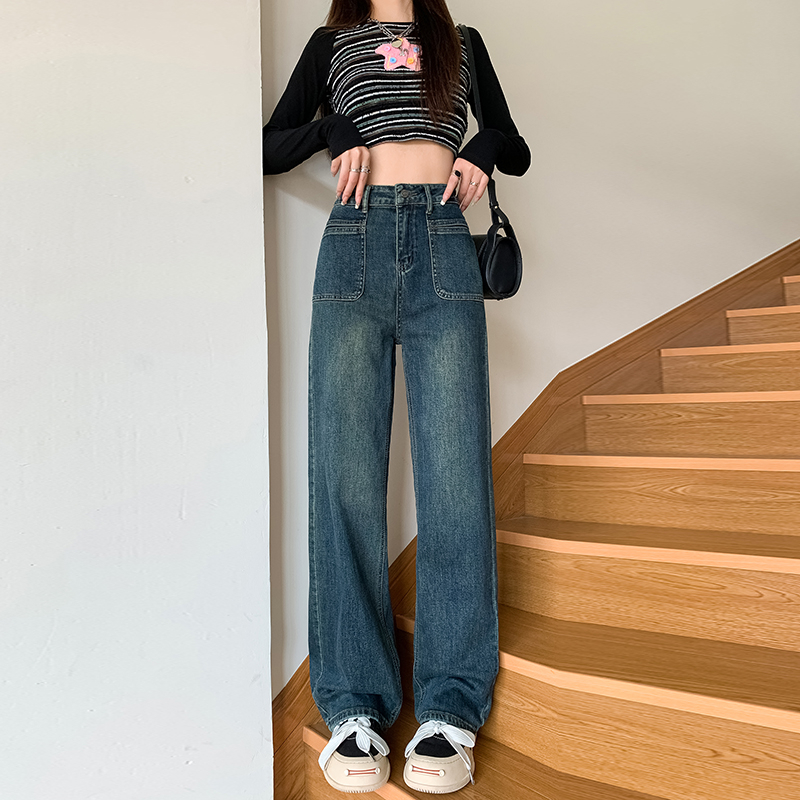 复古窄版阔腿牛仔女2023新款秋高腰直筒宽松小个子垂感拖地裤加长
