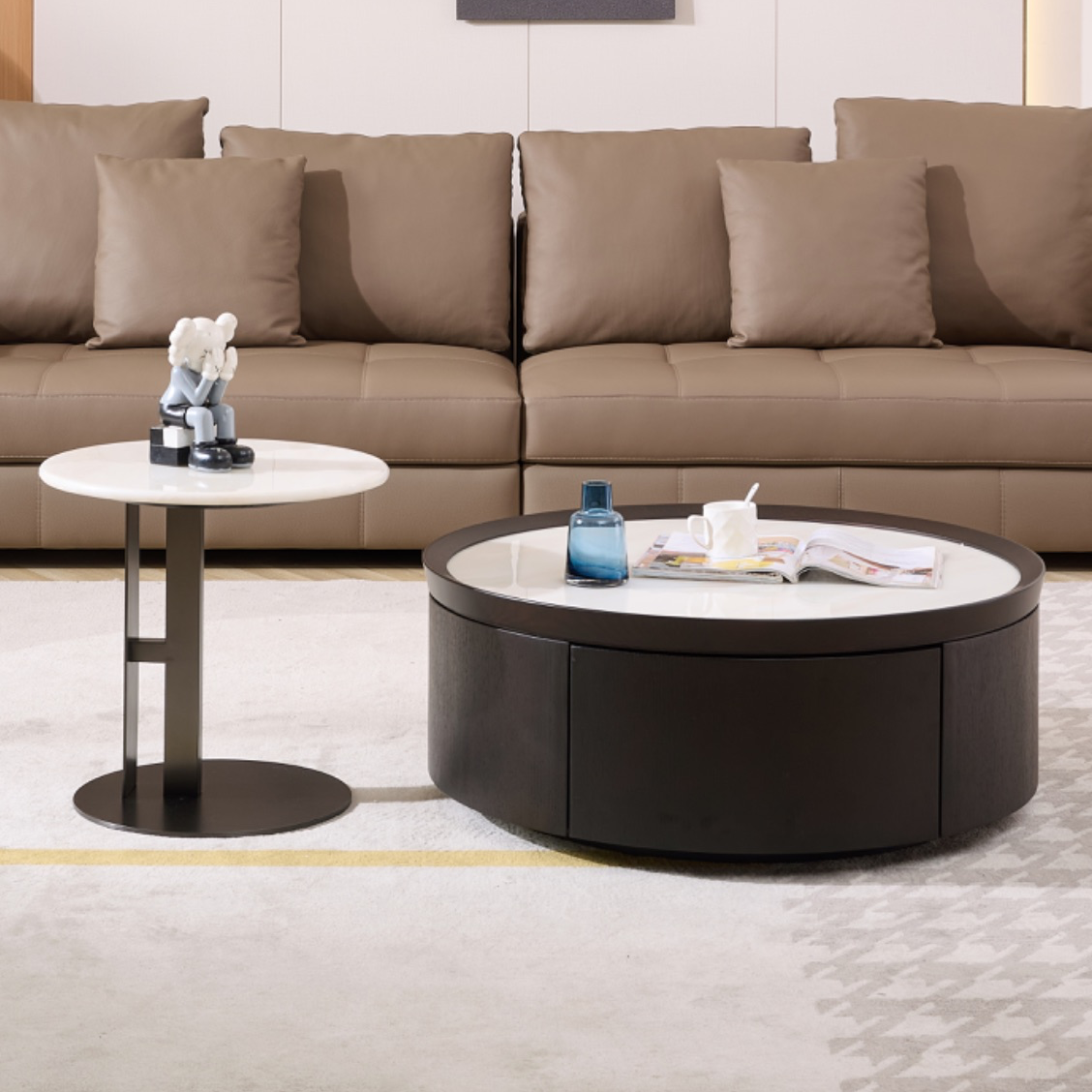 长风T-326茶几｜现代简约茶几｜客厅家用圆形茶几｜大理石组合茶几｜