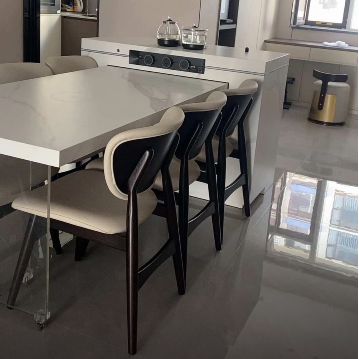 长风T-712餐椅｜现代简约餐厅餐椅 皮艺书桌椅 家用白蜡木高背餐椅