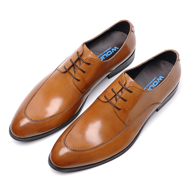 头层牛皮英伦风男士百搭商务正装尖头皮鞋系带真皮透气欧版男鞋潮