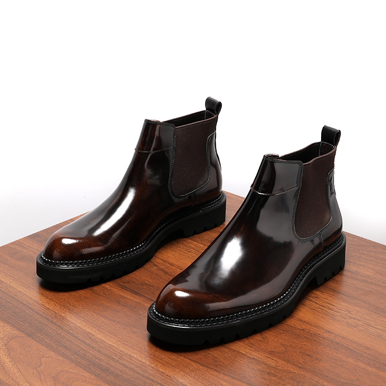 切尔西靴男英伦商务百搭真皮短靴套筒亮皮加绒保暖厚底男靴子冬季