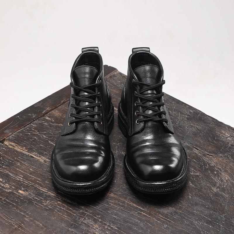 圆头大黄靴高级复古手工马皮工装靴男士休闲短靴男士厚底马丁靴子