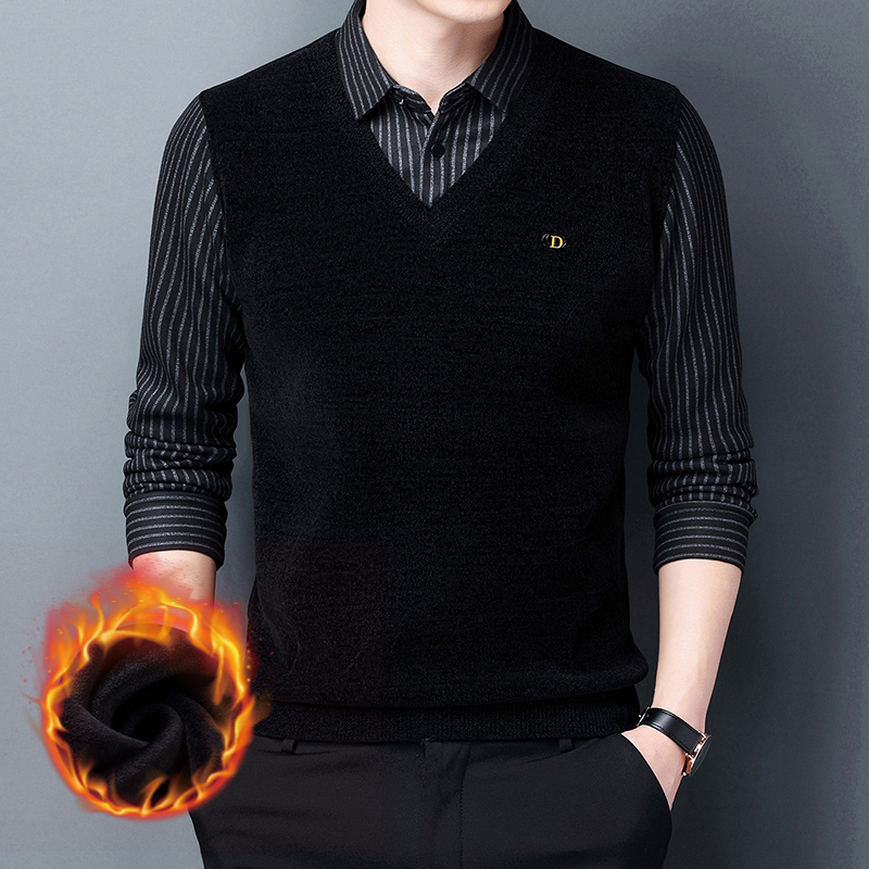 秋冬新款男士加绒毛衣翻领休闲假两件衬衫领保暖针织衫雪尼尔上衣