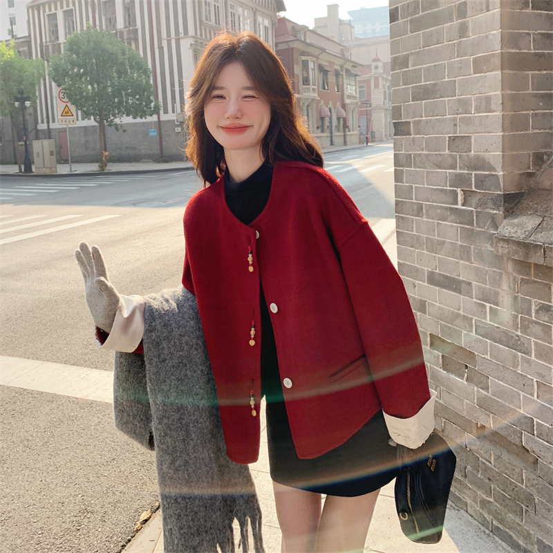 安可拉红小香风毛呢外套女秋冬2024新款高级感小个子韩系大衣短款