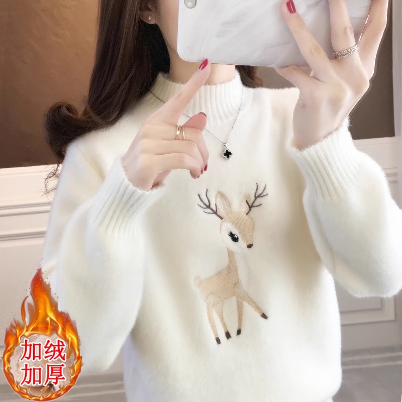 2025秋冬水貂绒加绒加厚宽松学生初中高中女时尚百搭毛衣套头短